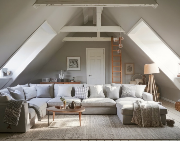 Modern attic art studio with skylights, easel, bespoke wooden cabinetry, and creative workspace by The Irish Attic Company.