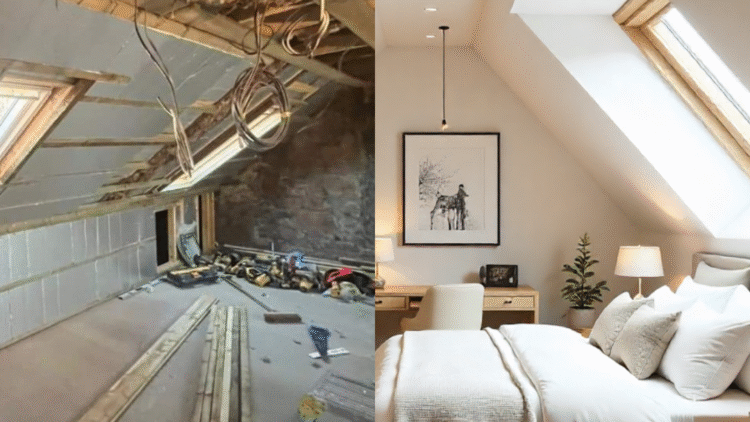 Before-and-after attic renovation showing transformation from exposed rafters to luxury bedroom.