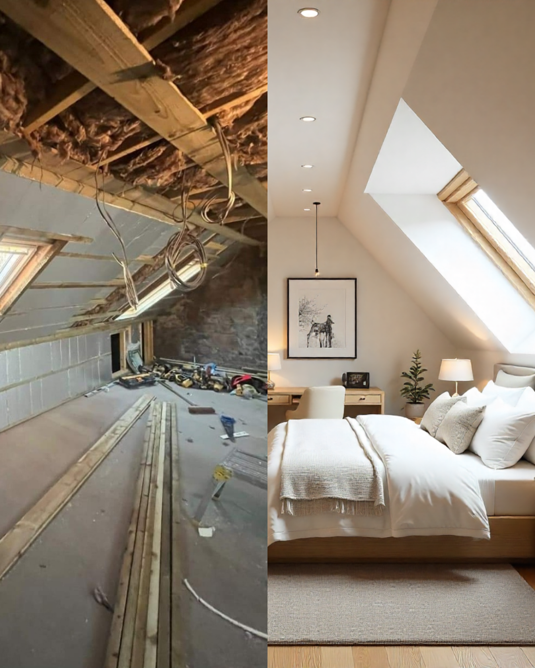 Before-and-after attic renovation showing transformation from exposed rafters to luxury bedroom.