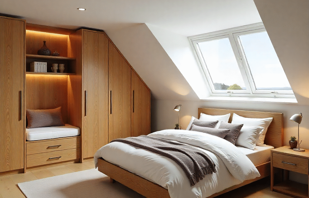 Modern attic bedroom with bespoke wooden wardrobes, skylight windows, and a custom-built bed designed by The Irish Attic Company.