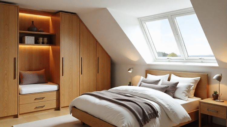Modern attic bedroom with bespoke wooden wardrobes, skylight windows, and a custom-built bed designed by The Irish Attic Company.