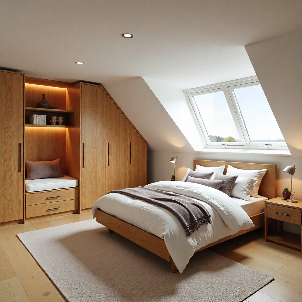 Modern attic bedroom with bespoke wooden wardrobes, skylight windows, and a custom-built bed designed by The Irish Attic Company.