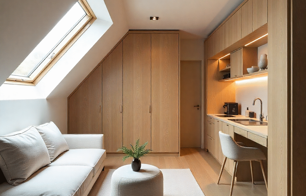 Modern attic studio with skylight, bespoke wooden cabinetry, compact kitchenette, and minimalist lounge area by The Irish Attic Company.