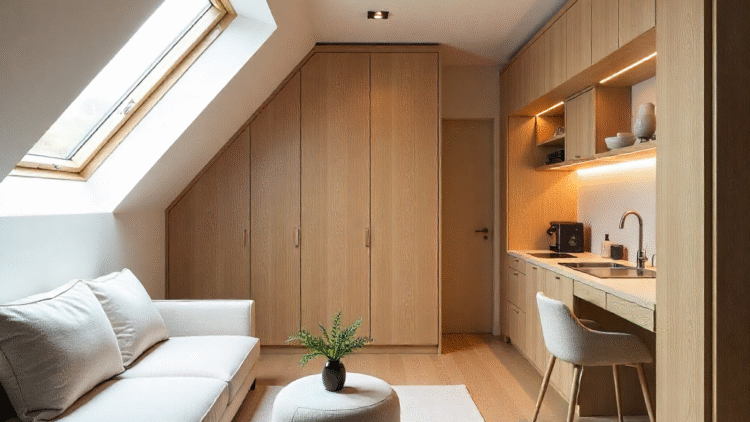 Modern attic studio with skylight, bespoke wooden cabinetry, compact kitchenette, and minimalist lounge area by The Irish Attic Company.