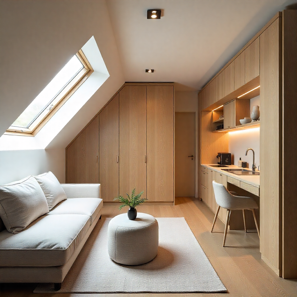 Modern attic studio with skylight, bespoke wooden cabinetry, compact kitchenette, and minimalist lounge area by The Irish Attic Company.