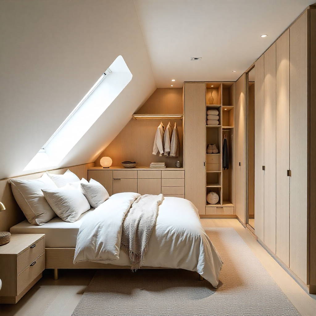 Small home attic conversion with skylights, double bed, bespoke storage, and refined neutral design.