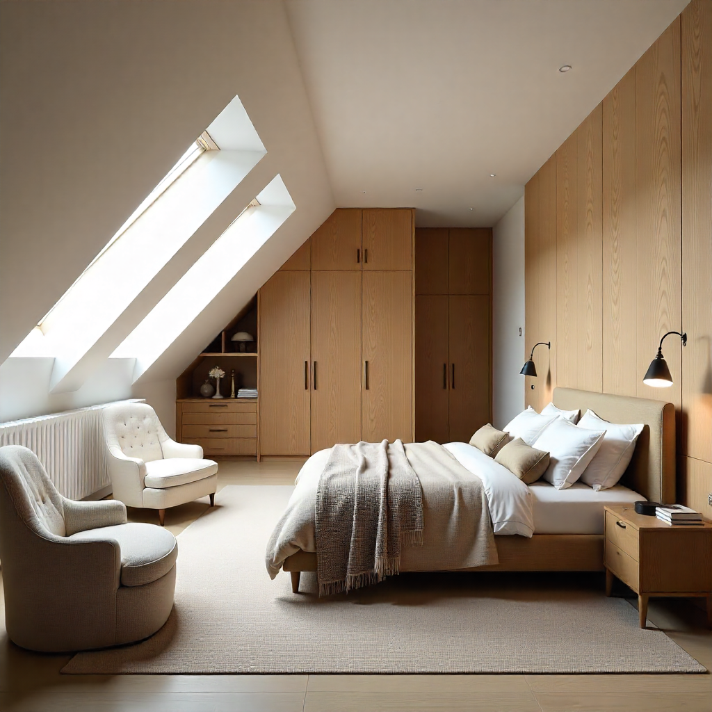 Modern eccentric attic guest room with bespoke wood carpentry, skylights, neutral tone and layout by The Irish Attic Company.