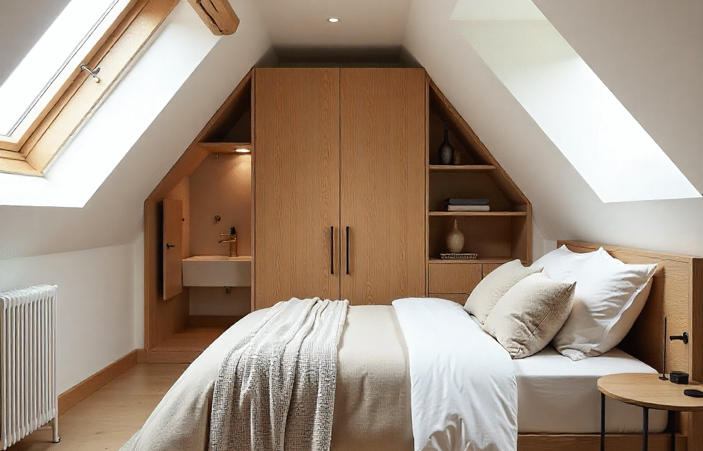 Modern attic guest suite with skylights, bespoke wardrobes, and a compact ensuite bathroom with brass fixtures.