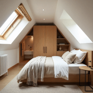 Modern attic guest suite with skylights, bespoke wardrobes, and a compact ensuite bathroom with brass fixtures.