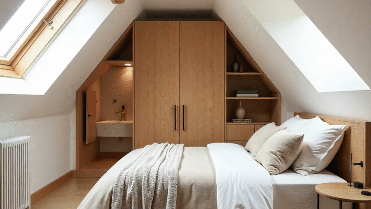 Modern attic guest suite with skylights, bespoke wardrobes, and a compact ensuite bathroom with brass fixtures.