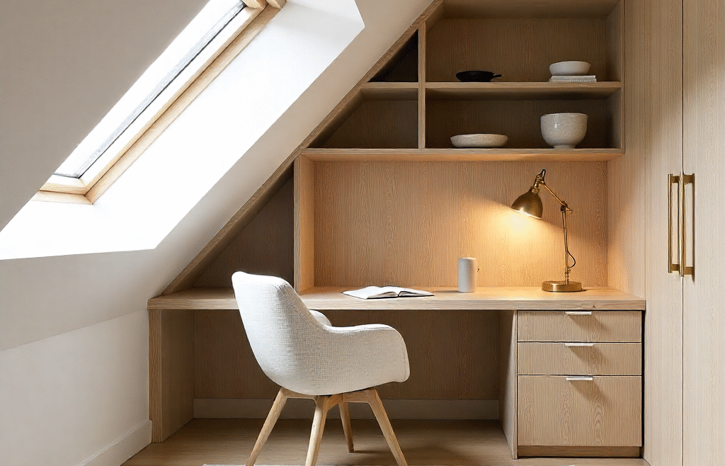 Bright attic home office with built-in oak desk beneath skylight, bespoke shelving, and neutral-toned design.