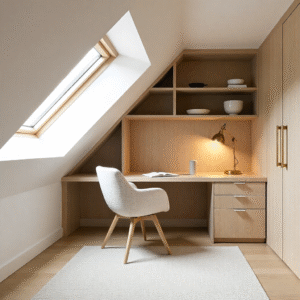 Bright attic home office with built-in oak desk beneath skylight, bespoke shelving, and neutral-toned design.