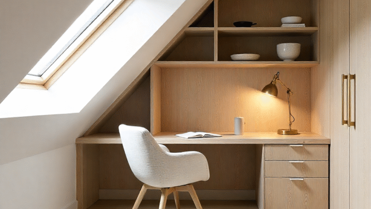 Bright attic home office with built-in oak desk beneath skylight, bespoke shelving, and neutral-toned design.