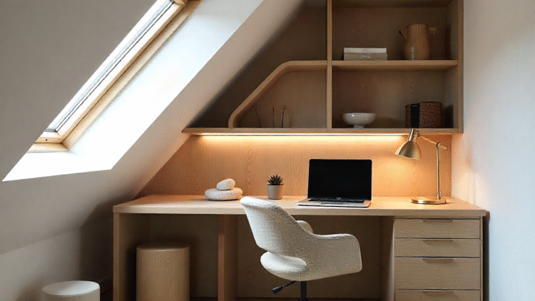 Modern attic office with skylights, bespoke oak desk, and professional video call setup.