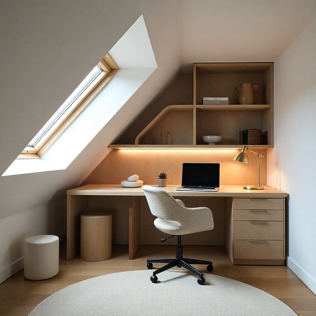 Modern attic office with skylights, bespoke oak desk, and professional video call setup.