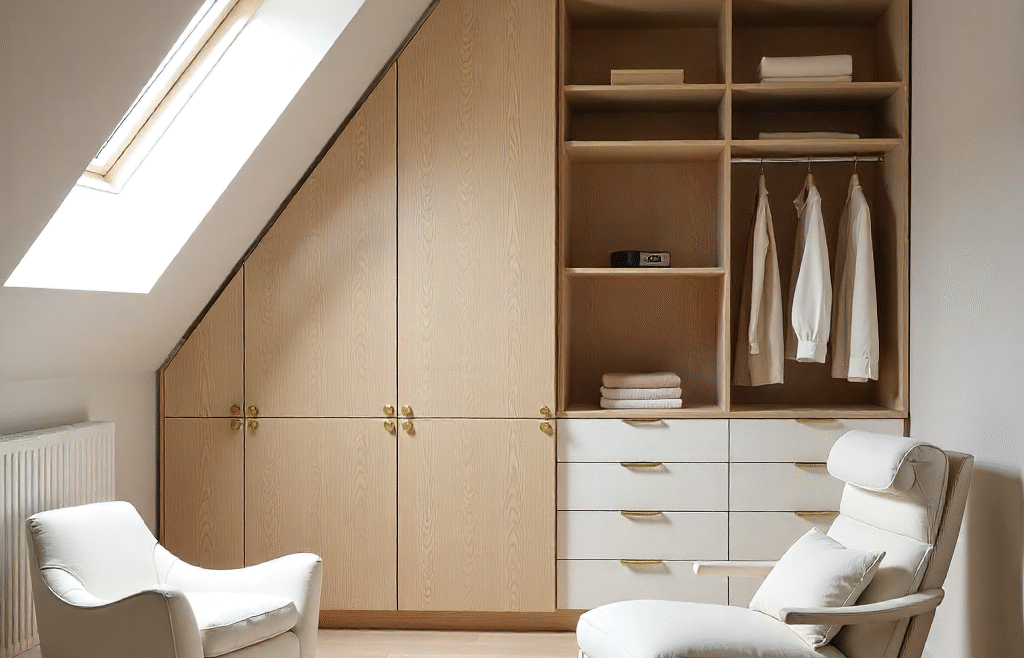 Attic with bespoke under-eaves wardrobes, drawers, and shelving in a modern eccentric design.
