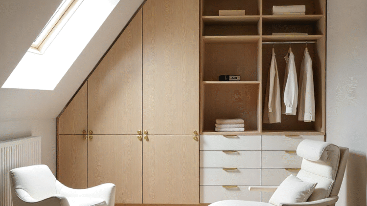 Attic with bespoke under-eaves wardrobes, drawers, and shelving in a modern eccentric design.
