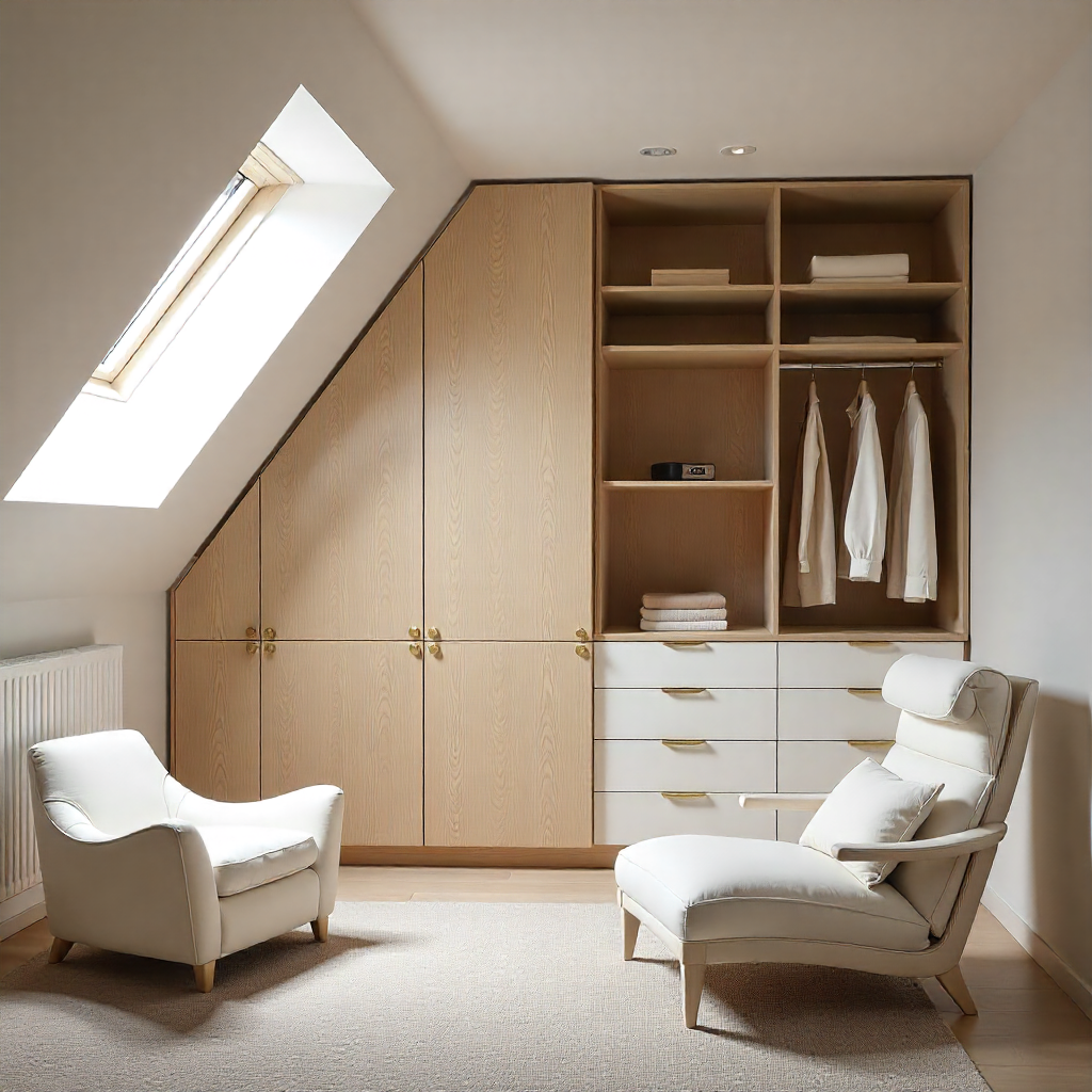 Attic with bespoke under-eaves wardrobes, drawers, and shelving in a modern eccentric design.