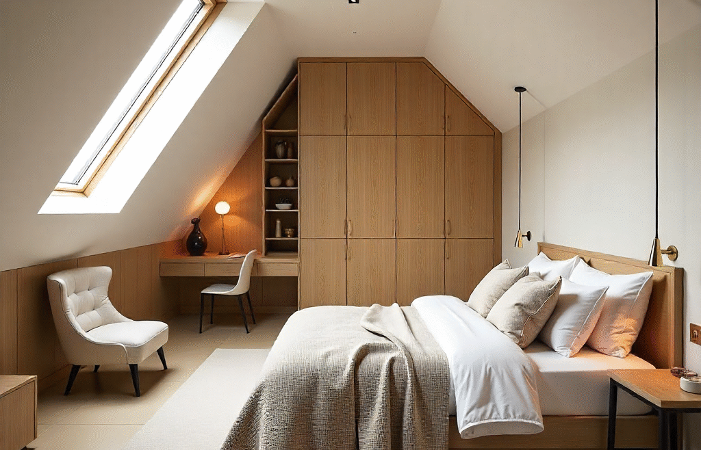 A modern eccentric attic luxury guest suite in a 25-square-meter space with sloped ceilings and expansive skylights. A contemporary double bed with layered linen bedding in whites, taupes, and beige is the focal point, accented by textured throws and cushions. Bespoke wood carpentry includes integrated wardrobes, asymmetrical shelving, and hidden storage under the eaves. A compact seating nook with a sculptural lounge chair and minimalist side table offers guests a cozy retreat. Subtle oak panelling, brass lighting fixtures, and glass details add warmth and sophistication. The overall design blends oak, linen, brass, and glass, creating a boutique-hotel-inspired guest suite filled with light and comfort.