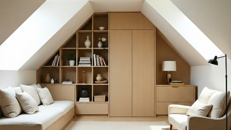 A a modern attic playroom with skylights, bespoke shelving, and neutral-toned design.