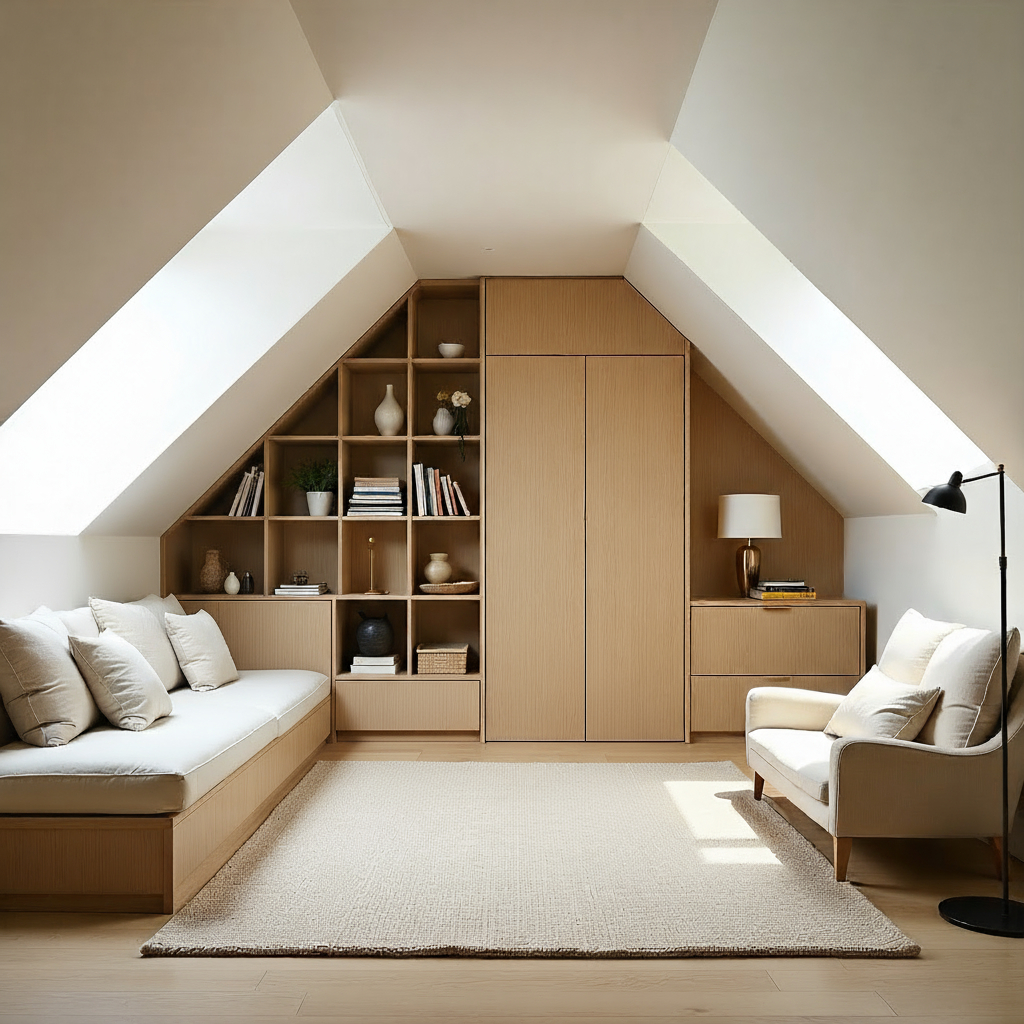 A a modern attic playroom with skylights, bespoke shelving, and neutral-toned design.