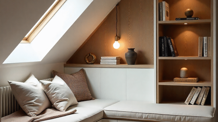 Cozy attic reading nook with skylight, bespoke bench seating, bookshelves, and warm neutral tones.