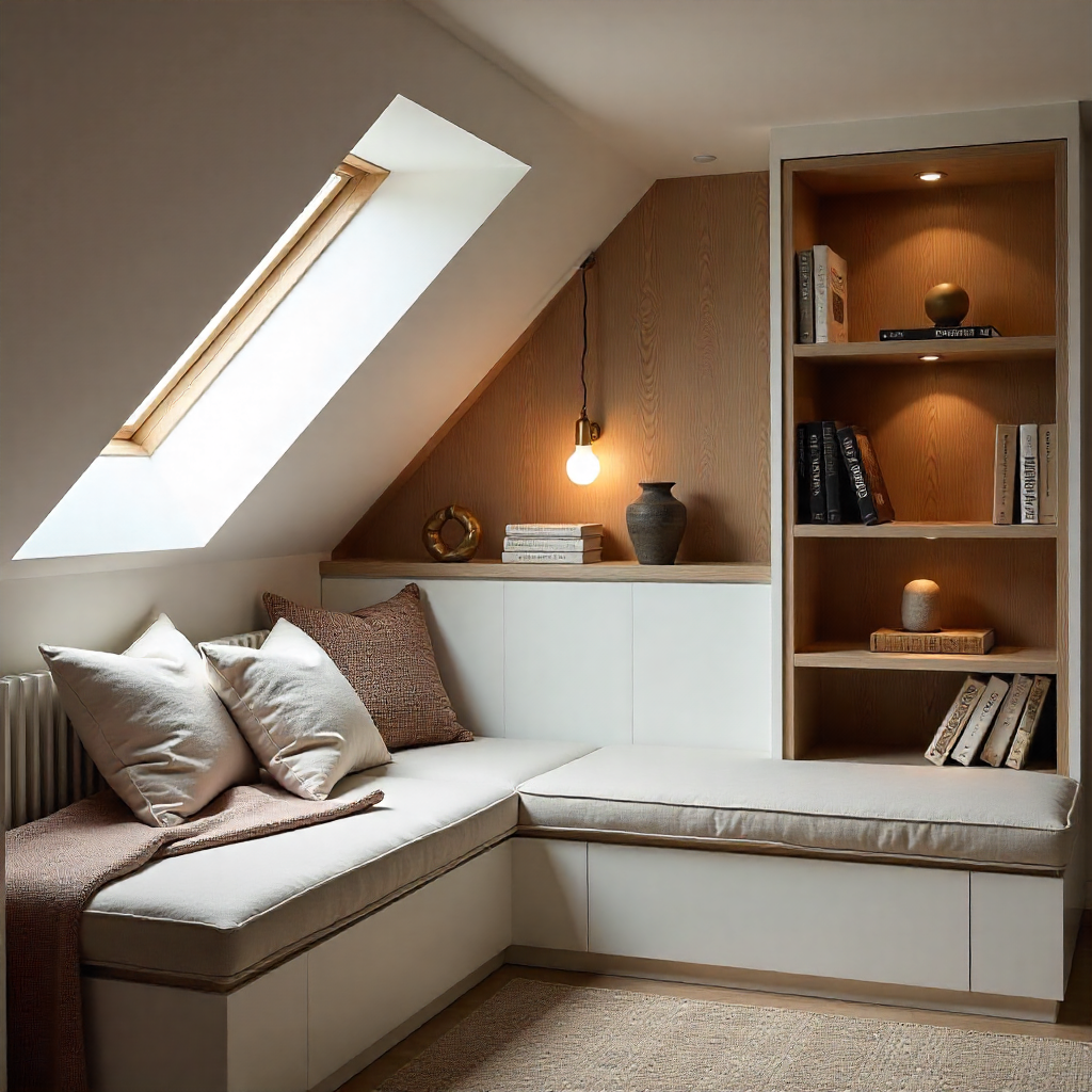 Cozy attic reading nook with skylight, bespoke bench seating, bookshelves, and warm neutral tones.