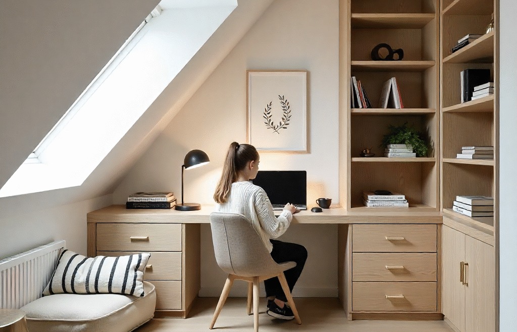 Teenager studying at a built-in attic desk beneath a skylight in a modern eccentric attic conversion.