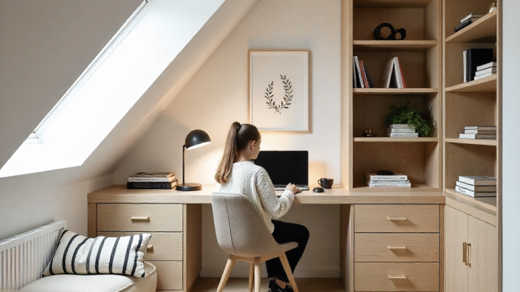 Teenager studying at a built-in attic desk beneath a skylight in a modern eccentric attic conversion.