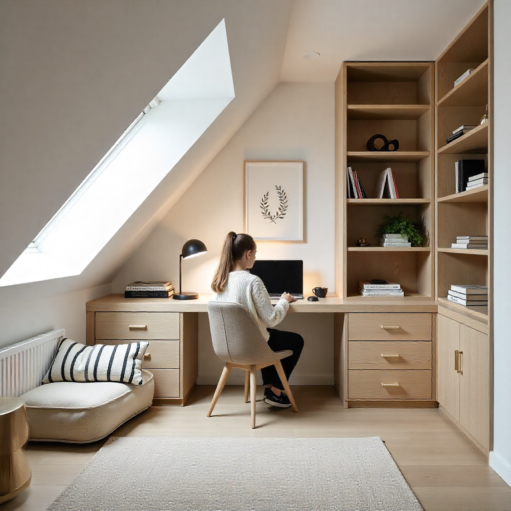 Teenager studying at a built-in attic desk beneath a skylight in a modern eccentric attic conversion.