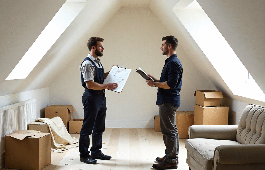 Builder showing homeowners clear attic renovation plans in a bright attic, contrasting with clutter symbolising hidden costs.