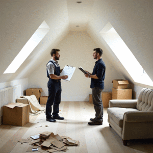 Builder showing homeowners clear attic renovation plans in a bright attic, contrasting with clutter symbolising hidden costs.