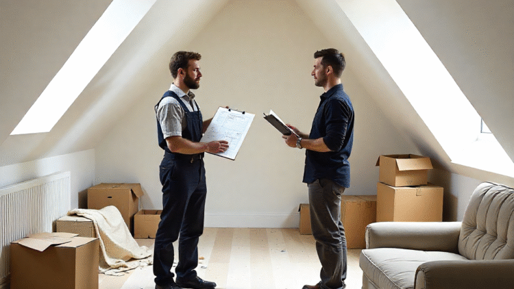 Builder showing homeowners clear attic renovation plans in a bright attic, contrasting with clutter symbolising hidden costs.