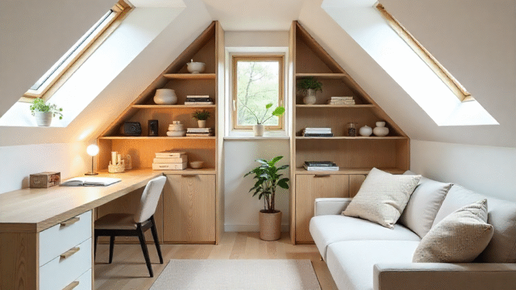 Flexible attic space with skylights, built-in desk, sofa bed, and bespoke storage in a modern eccentric design.