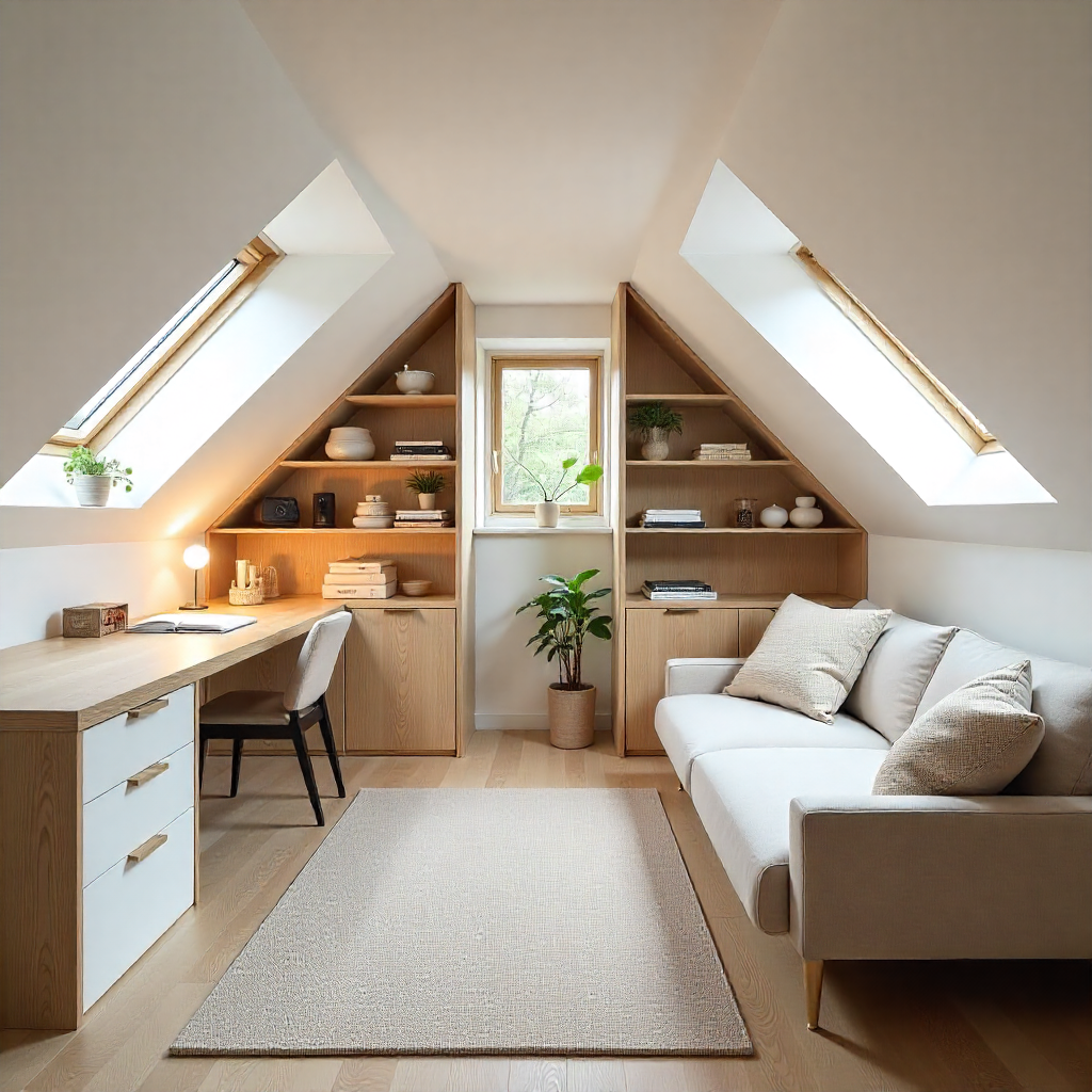 Flexible attic space with skylights, built-in desk, sofa bed, and bespoke storage in a modern eccentric design.