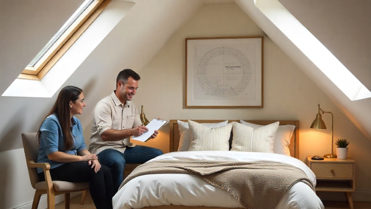 Builder presenting attic renovation plans to homeowners in a finished modern attic with skylights and bespoke carpentry