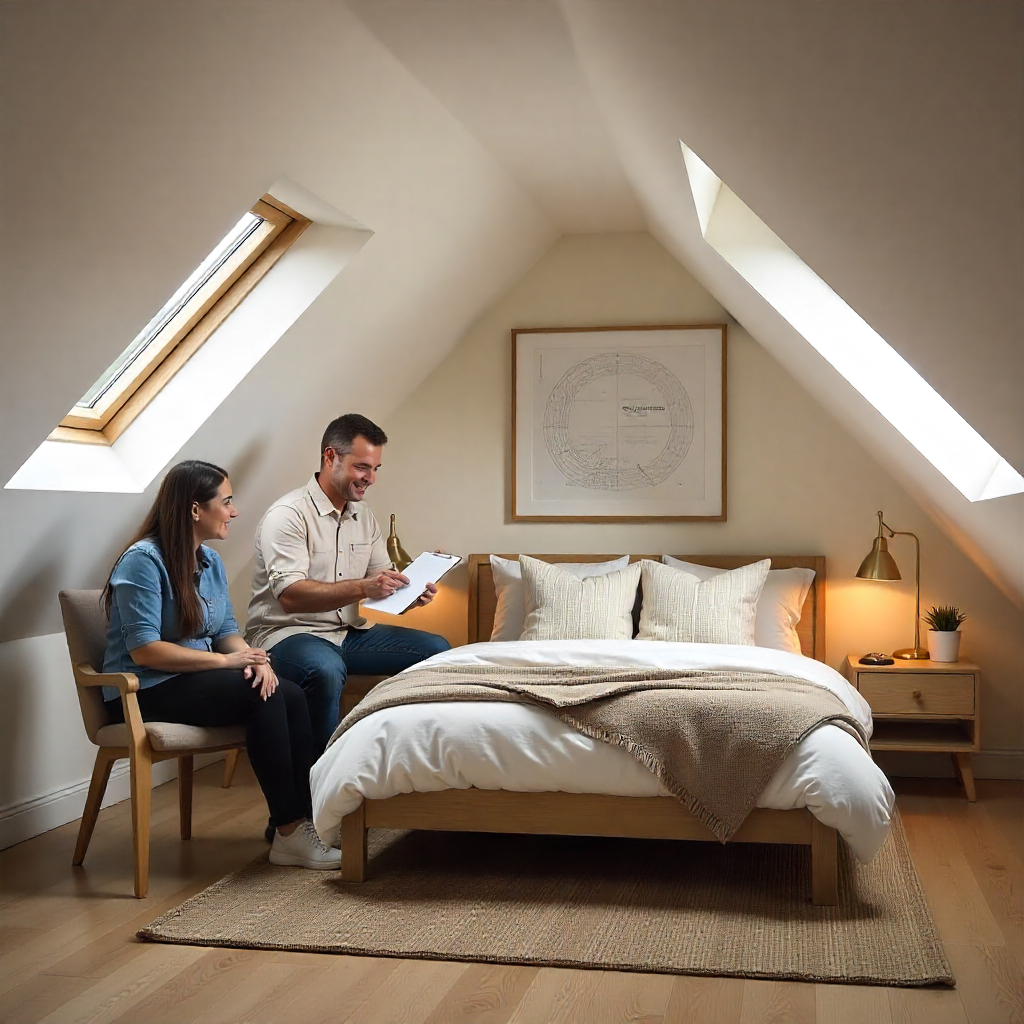 Builder presenting attic renovation plans to homeowners in a finished modern attic with skylights and bespoke carpentry