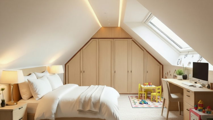 Luxurious Irish attic featuring separate guest bedroom, children’s play area, and home office under sloped ceilings with skylight.