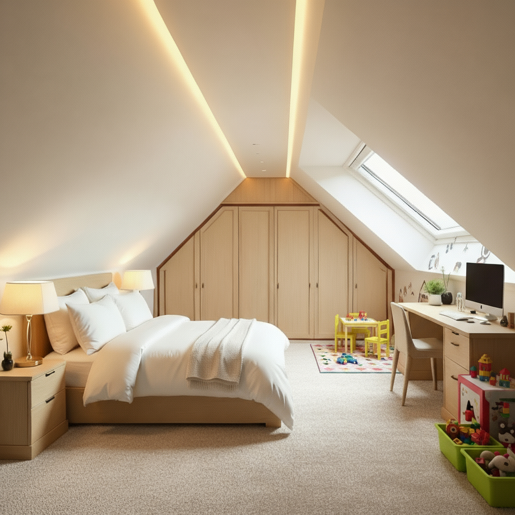 Luxurious Irish attic featuring separate guest bedroom, children’s play area, and home office under sloped ceilings with skylight.