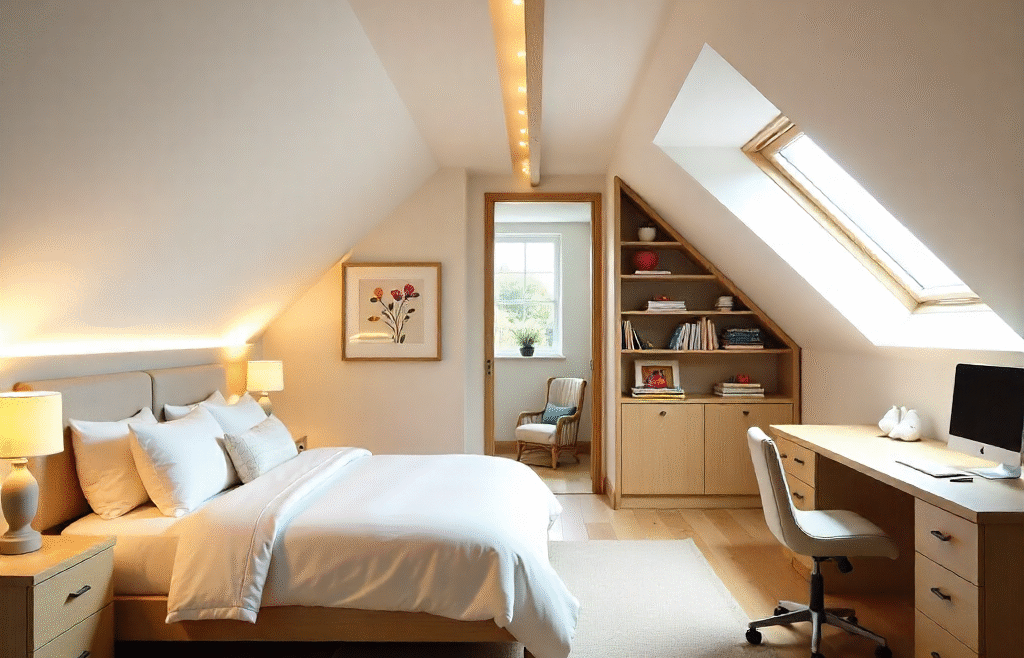 Modern Irish attic conversion with sloped ceilings, skylight, and integrated home office