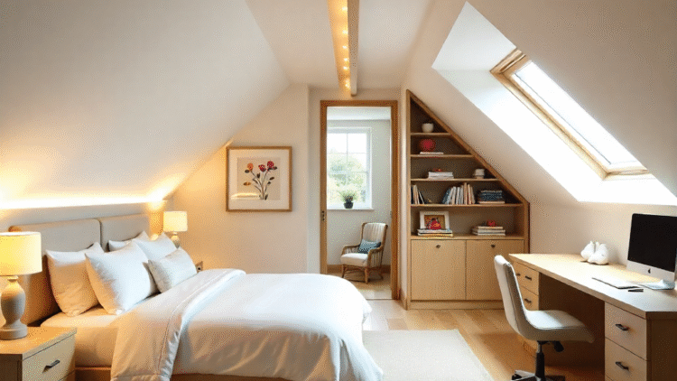 Modern Irish attic conversion with sloped ceilings, skylight, and integrated home office