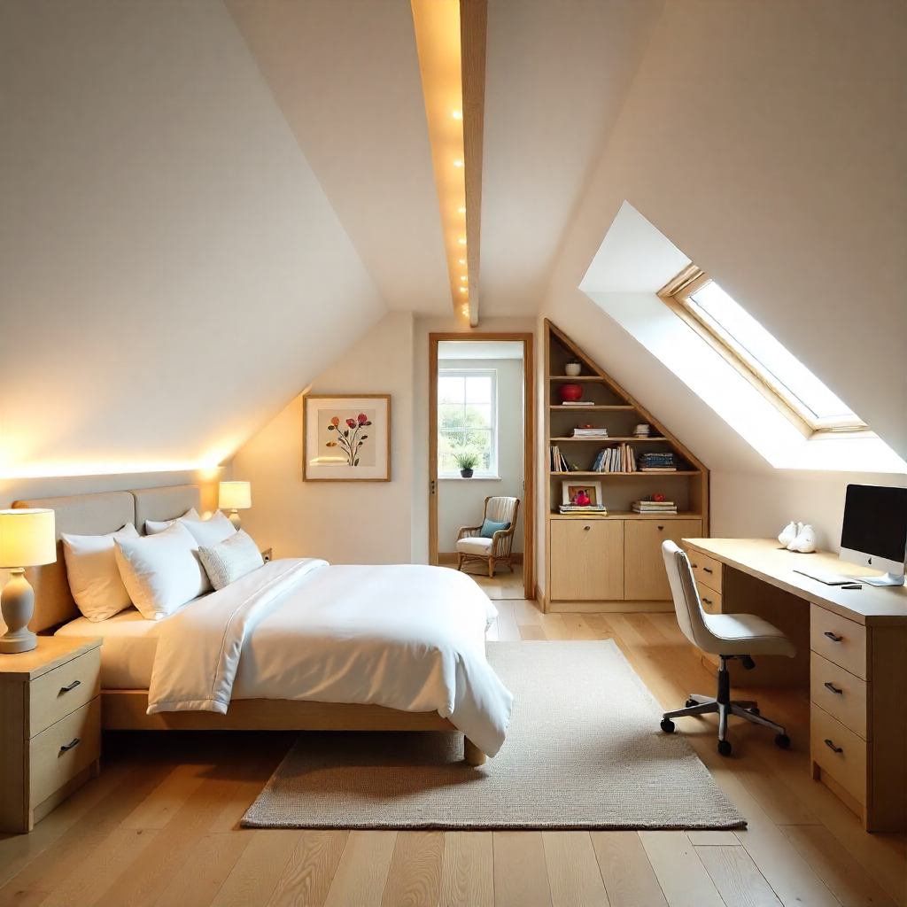 Modern Irish attic conversion with sloped ceilings, skylight, and integrated home office