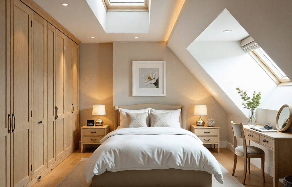 Luxury converted attic bedroom with skylights, built-in storage, and warm oak finishes.