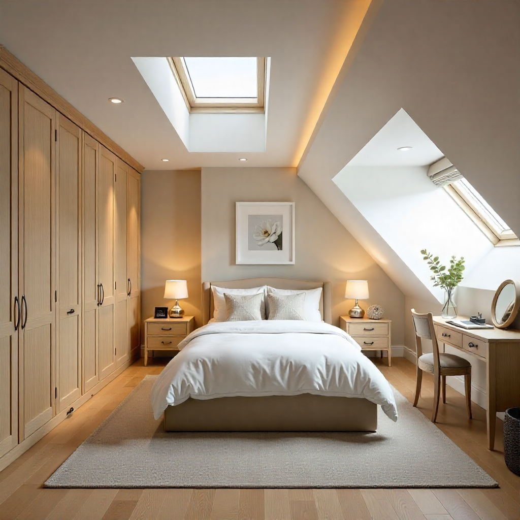 Luxury converted attic bedroom with skylights, built-in storage, and warm oak finishes.