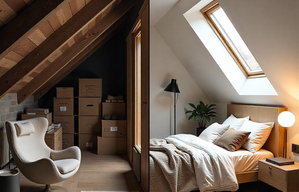 Split image showing an attic transformation: dusty attic with storage boxes versus a modern eccentric guest bedroom with skylight and bespoke design.