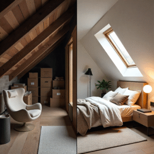 Split image showing an attic transformation: dusty attic with storage boxes versus a modern eccentric guest bedroom with skylight and bespoke design.