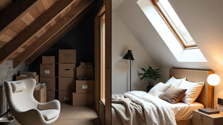 Split image showing an attic transformation: dusty attic with storage boxes versus a modern eccentric guest bedroom with skylight and bespoke design.
