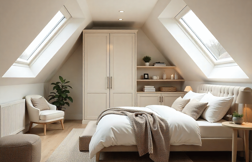 Bright attic guest bedroom with skylights, built-in wardrobes, and minimalist neutral decor by The Irish Attic Company.