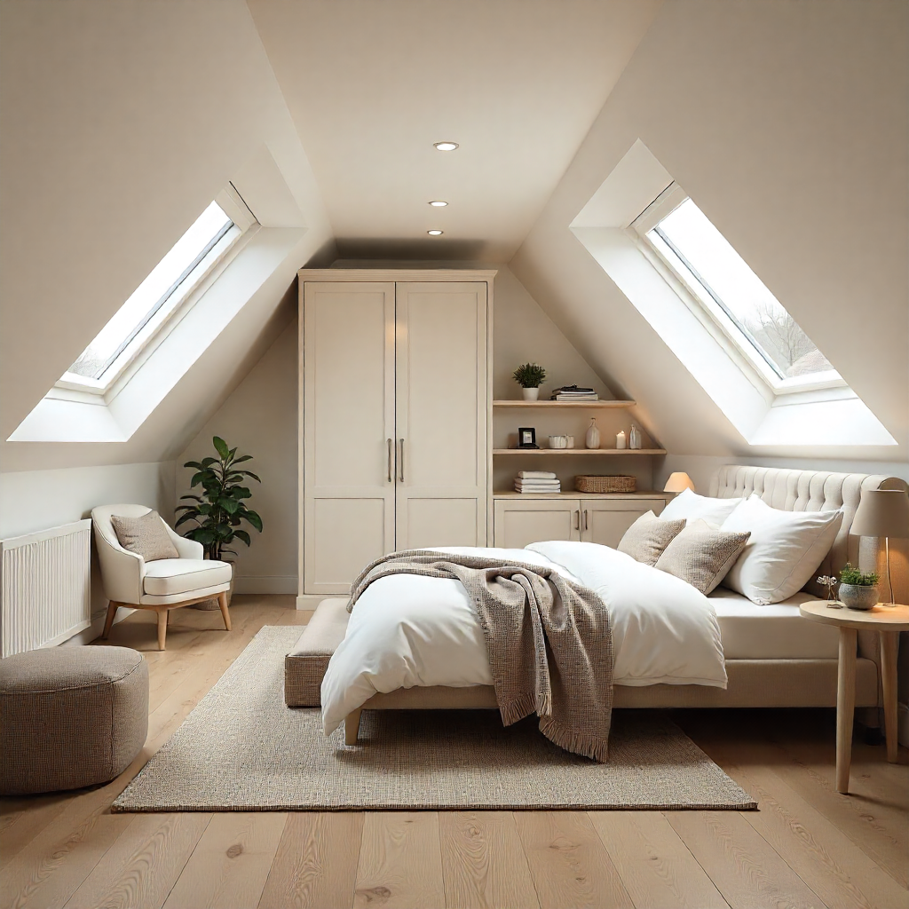 Bright attic guest bedroom with skylights, built-in wardrobes, and minimalist neutral decor by The Irish Attic Company.