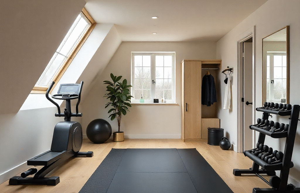 Modern attic home gym with skylight, exercise equipment, and minimalist design by The Irish Attic Company.